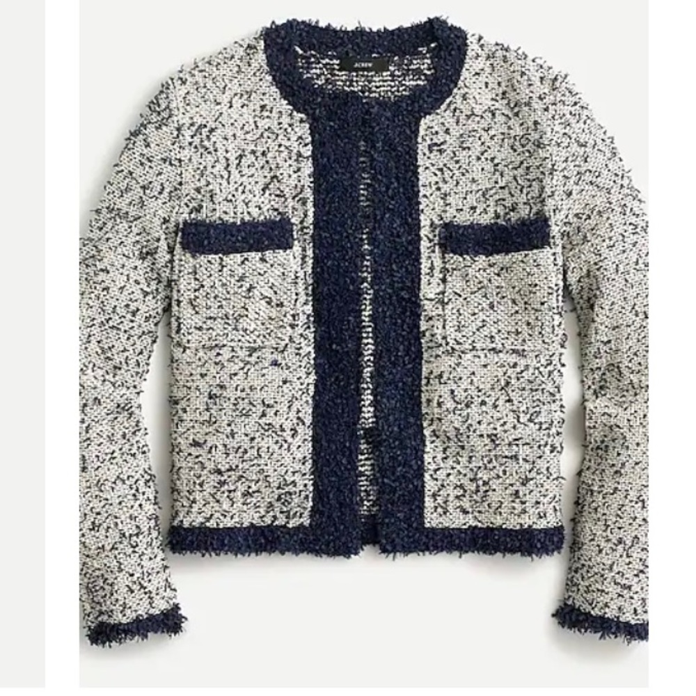 J. Crew Navy and White Bouclé Tweed Open Cardigan